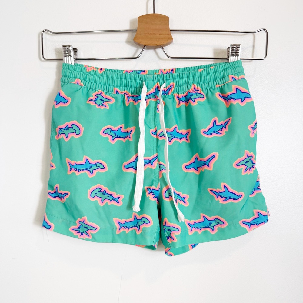 Chubbies Swim Trunks Boys Size S 8/9 Mint Green Neon Shark Print Mesh Lined